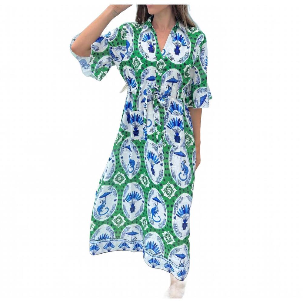 NEW ISLAPAYAL cape midi dress in monkey chinoiserie jade